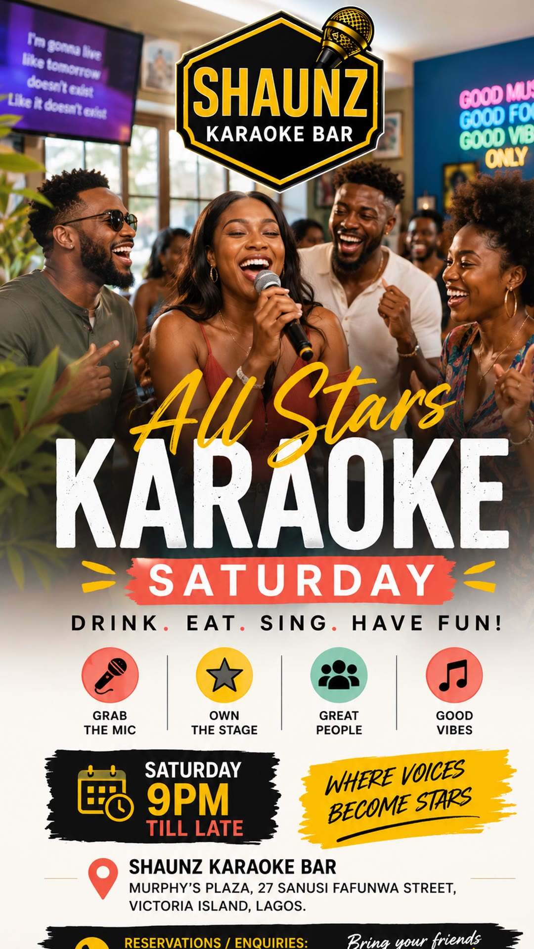 All Stars Karaoke Saturday flyer: Shaunz Karaoke Bar, Saturday 7pm till late, Murphis Plaza, 27 Sanusi Fafunwa Street, Victoria Island, Lagos